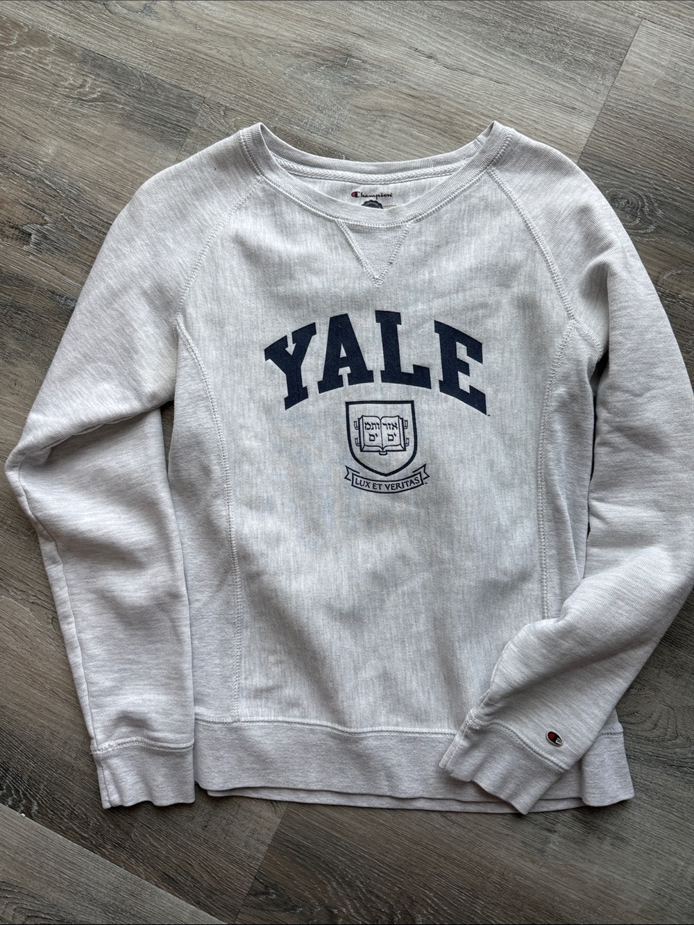 YALE Champion Light Gray Yale Crewneck with Navy Arch Logo sz s